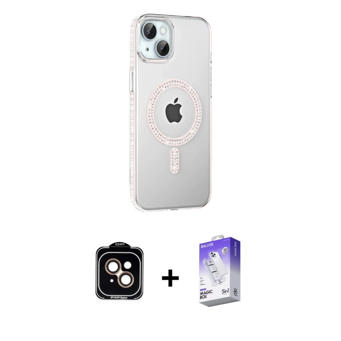 MARSİLYAN™- iPhone 14 Kılıf Yörünge Koleksiyonu - Siyah Bilvis 5in1 3D Magic Cam Ekran Koruyucu + PVD Metal Kamera Lens - TU