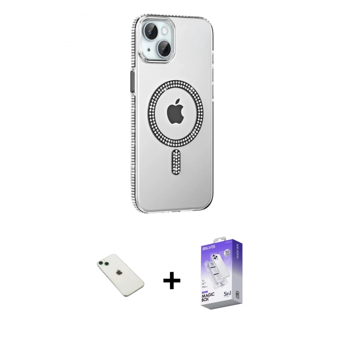 MARSİLYAN™- iPhone 14 Kılıf Yörünge Koleksiyonu - Siyah Bilvis 5in1 3D Magic Cam Ekran Koruyucu + Diamond Kamera Lens - YL