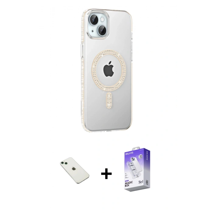 MARSİLYAN™- iPhone 14 Kılıf Yörünge Koleksiyonu - Siyah Bilvis 5in1 3D Magic Cam Ekran Koruyucu + Diamond Kamera Lens - YL