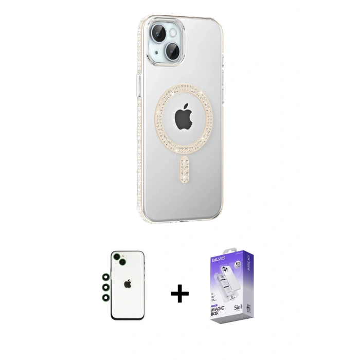 MARSİLYAN™- iPhone 14 Kılıf Yörünge Koleksiyonu - Siyah Bilvis 5in1 3D Magic Cam Ekran Koruyucu + Shine Kamera Lens - YL