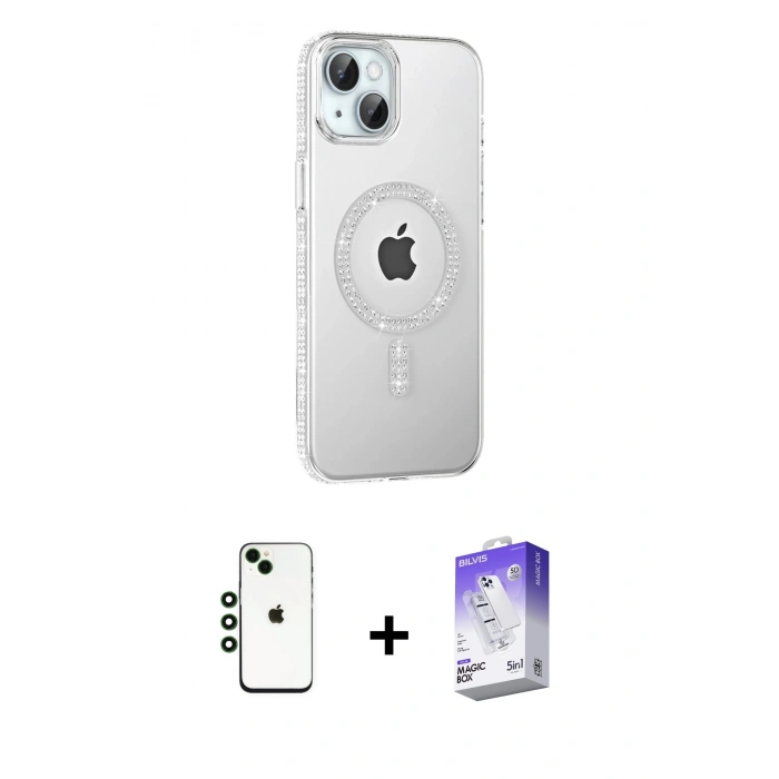 MARSİLYAN™- iPhone 14 Kılıf Yörünge Koleksiyonu - Siyah Bilvis 5in1 3D Magic Cam Ekran Koruyucu + Shine Kamera Lens - YL