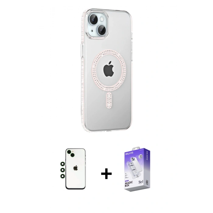 MARSİLYAN™- iPhone 14 Kılıf Yörünge Koleksiyonu - Siyah Bilvis 5in1 3D Magic Cam Ekran Koruyucu + Shine Kamera Lens - YL