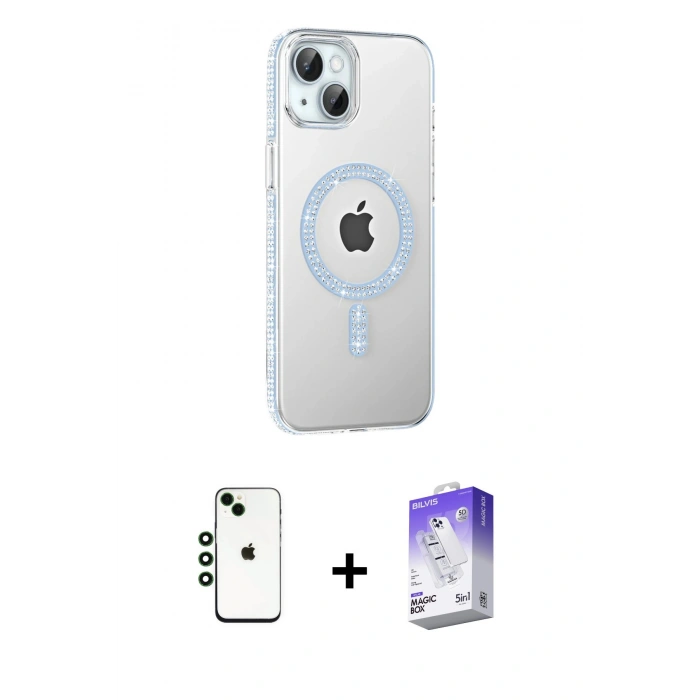 MARSİLYAN™- iPhone 14 Kılıf Yörünge Koleksiyonu - Siyah Bilvis 5in1 3D Magic Cam Ekran Koruyucu + Shine Kamera Lens - YL
