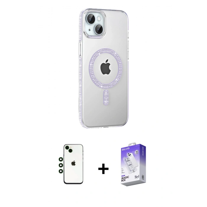 MARSİLYAN™- iPhone 14 Kılıf Yörünge Koleksiyonu - Siyah Bilvis 5in1 3D Magic Cam Ekran Koruyucu + Shine Kamera Lens - YL
