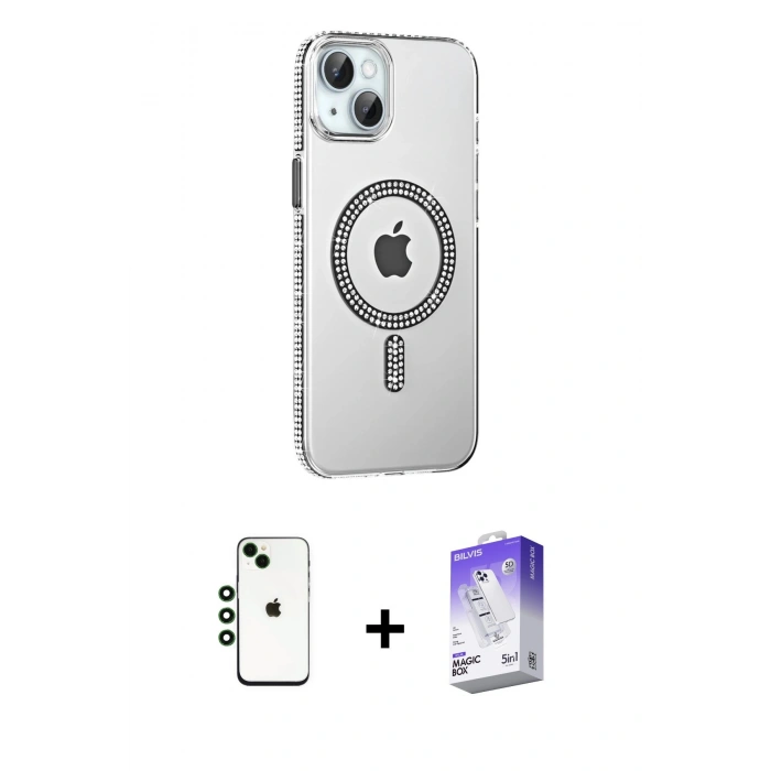 MARSİLYAN™- iPhone 14 Kılıf Yörünge Koleksiyonu - Siyah Bilvis 5in1 3D Magic Cam Ekran Koruyucu + Shine Kamera Lens - YL