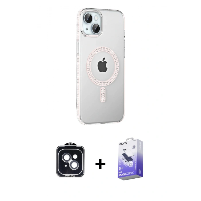 MARSİLYAN™- iPhone 14 Kılıf Yörünge Koleksiyonu - Siyah Bilvis 5in1 5D Magic Hayalet Cam Ekran Koruyucu + PVD Metal Kamera Lens - SH