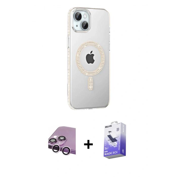 MARSİLYAN™- iPhone 14 Kılıf Yörünge Koleksiyonu - Siyah Bilvis 5in1 5D Magic Hayalet Cam Ekran Koruyucu + Raze Metal Kamera Lens - MR