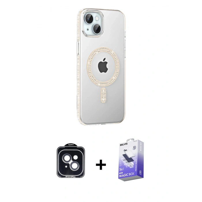 MARSİLYAN™- iPhone 14 Kılıf Yörünge Koleksiyonu - Siyah Bilvis 5in1 5D Magic Hayalet Cam Ekran Koruyucu + PVD Metal Kamera Lens - SH