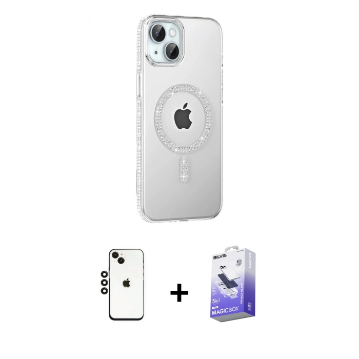 MARSİLYAN™- iPhone 14 Kılıf Yörünge Koleksiyonu - Siyah Bilvis 5in1 5D Magic Hayalet Cam Ekran Koruyucu + Shine Kamera Lens - SH