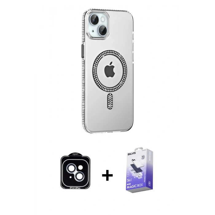MARSİLYAN™- iPhone 14 Kılıf Yörünge Koleksiyonu - Siyah Bilvis 5in1 5D Magic Hayalet Cam Ekran Koruyucu + PVD Metal Kamera Lens - MI
