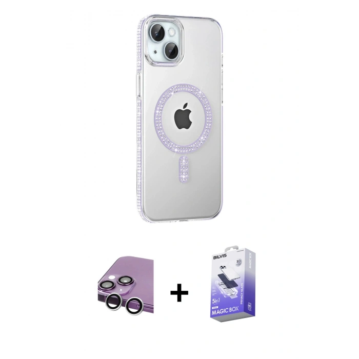 MARSİLYAN™- iPhone 14 Kılıf Yörünge Koleksiyonu - Siyah Bilvis 5in1 5D Magic Hayalet Cam Ekran Koruyucu + Raze Metal Kamera Lens - GS