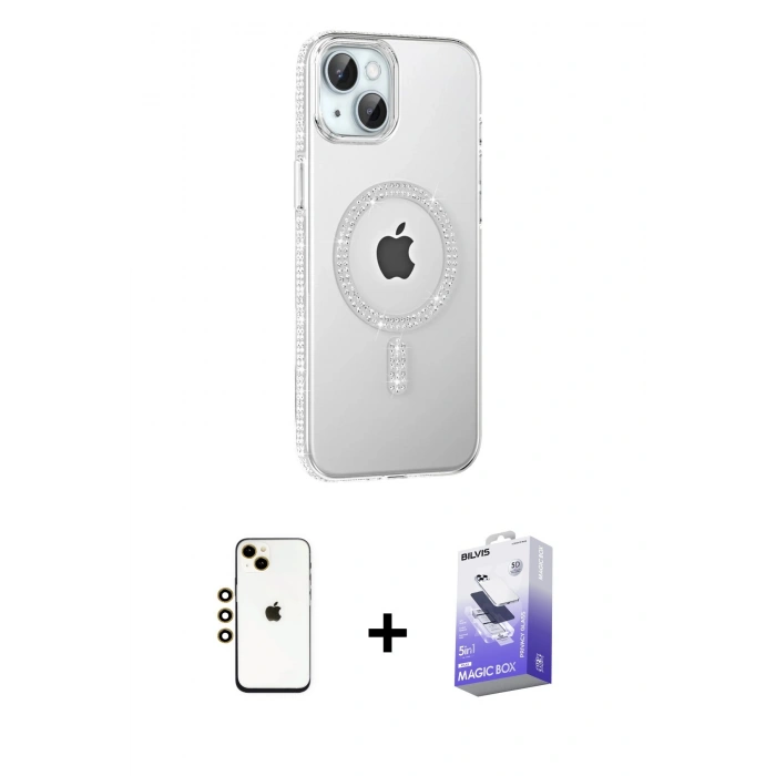MARSİLYAN™- iPhone 14 Kılıf Yörünge Koleksiyonu - Siyah Bilvis 5in1 5D Magic Hayalet Cam Ekran Koruyucu + Shine Kamera Lens - GD