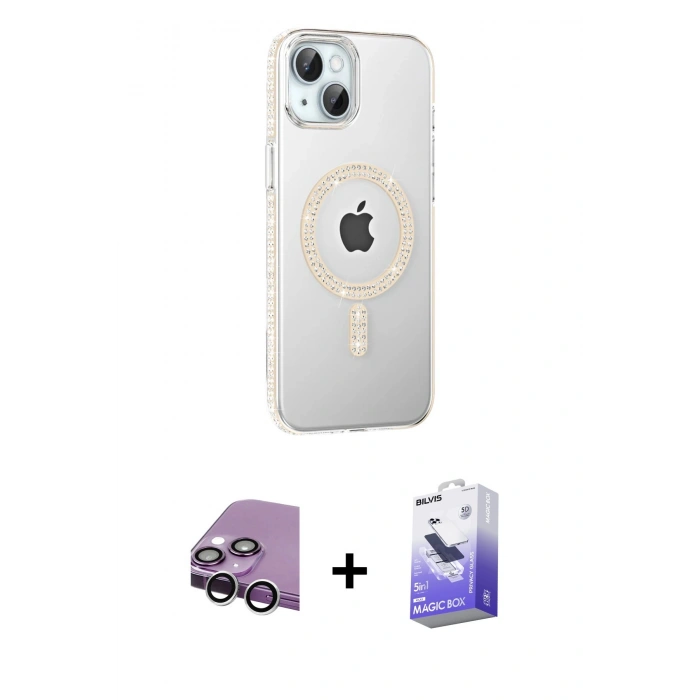 MARSİLYAN™- iPhone 14 Kılıf Yörünge Koleksiyonu - Siyah Bilvis 5in1 5D Magic Hayalet Cam Ekran Koruyucu + Raze Metal Kamera Lens - GS