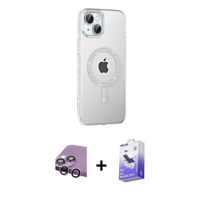 MARSİLYAN™- iPhone 14 Kılıf Yörünge Koleksiyonu - Siyah Bilvis 5in1 5D Magic Hayalet Cam Ekran Koruyucu + Raze Metal Kamera Lens - GS
