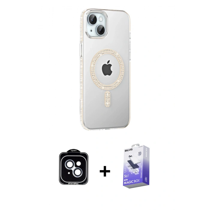 MARSİLYAN™- iPhone 14 Kılıf Yörünge Koleksiyonu - Siyah Bilvis 5in1 5D Magic Hayalet Cam Ekran Koruyucu + PVD Metal Kamera Lens - MI