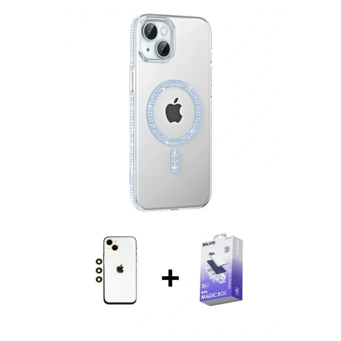 MARSİLYAN™- iPhone 14 Kılıf Yörünge Koleksiyonu - Siyah Bilvis 5in1 5D Magic Hayalet Cam Ekran Koruyucu + Shine Kamera Lens - GD