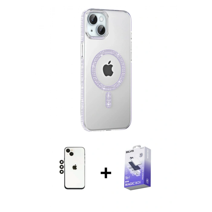 MARSİLYAN™- iPhone 14 Kılıf Yörünge Koleksiyonu - Siyah Bilvis 5in1 5D Magic Hayalet Cam Ekran Koruyucu + Shine Kamera Lens - SH