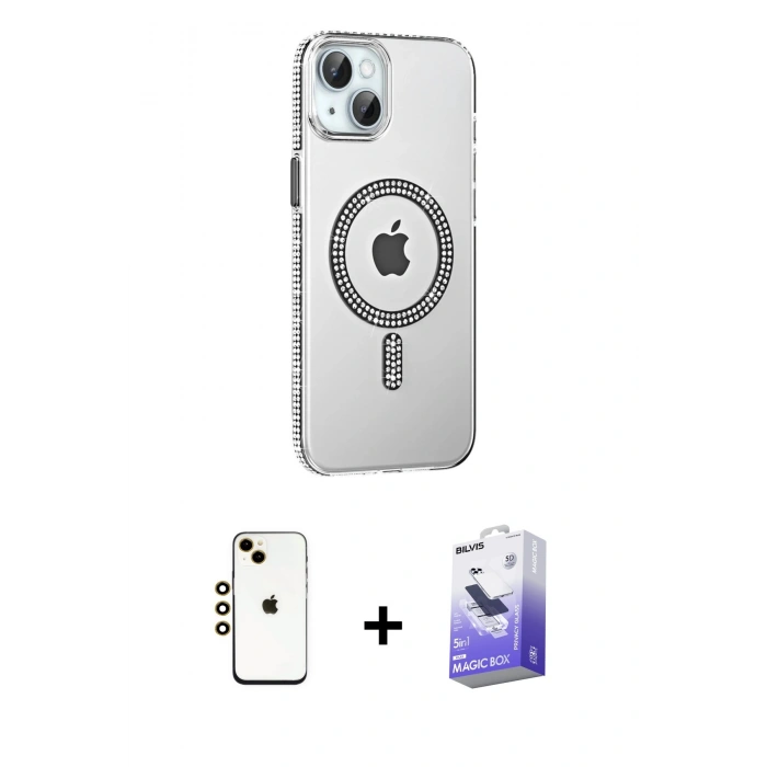 MARSİLYAN™- iPhone 14 Kılıf Yörünge Koleksiyonu - Siyah Bilvis 5in1 5D Magic Hayalet Cam Ekran Koruyucu + Shine Kamera Lens - GD