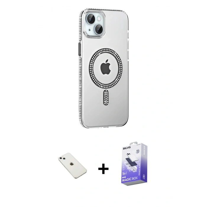 MARSİLYAN™- iPhone 14 Kılıf Yörünge Koleksiyonu - Siyah Bilvis 5in1 5D Magic Hayalet Cam Ekran Koruyucu + Diamond Kamera Lens - SABE