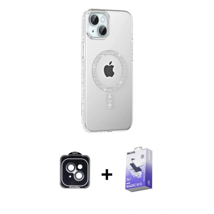 MARSİLYAN™- iPhone 14 Kılıf Yörünge Koleksiyonu - Siyah Bilvis 5in1 5D Magic Hayalet Cam Ekran Koruyucu + PVD Metal Kamera Lens - SH