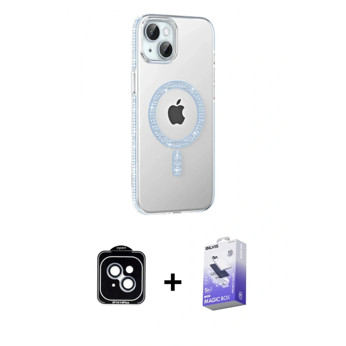 MARSİLYAN™- iPhone 14 Kılıf Yörünge Koleksiyonu - Siyah Bilvis 5in1 5D Magic Hayalet Cam Ekran Koruyucu + PVD Metal Kamera Lens - MI