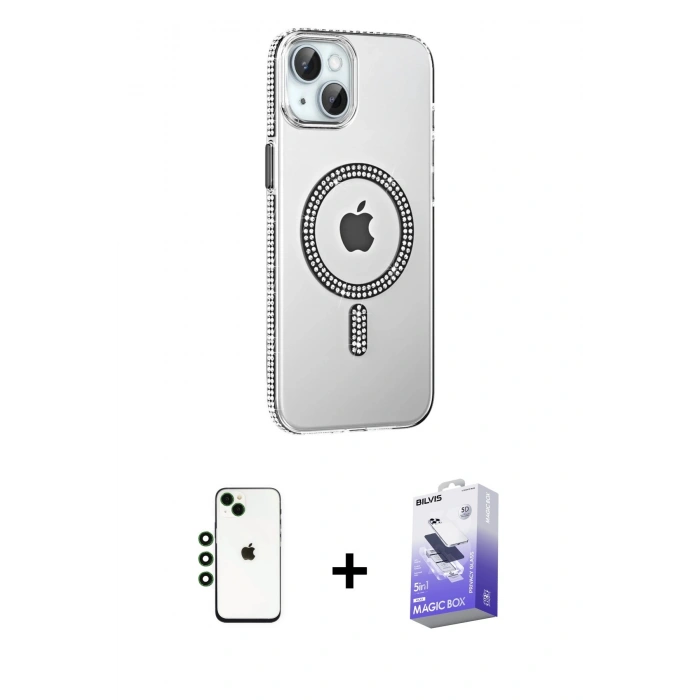 MARSİLYAN™- iPhone 14 Kılıf Yörünge Koleksiyonu - Siyah Bilvis 5in1 5D Magic Hayalet Cam Ekran Koruyucu + Shine Kamera Lens - YL