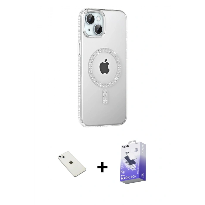 MARSİLYAN™- iPhone 14 Kılıf Yörünge Koleksiyonu - Siyah Bilvis 5in1 5D Magic Hayalet Cam Ekran Koruyucu + Diamond Kamera Lens - SABE
