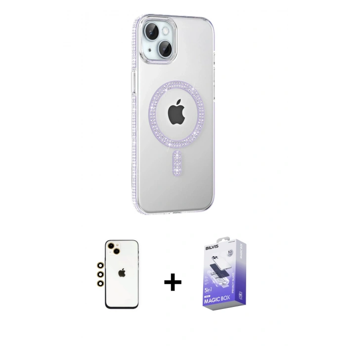 MARSİLYAN™- iPhone 14 Kılıf Yörünge Koleksiyonu - Siyah Bilvis 5in1 5D Magic Hayalet Cam Ekran Koruyucu + Shine Kamera Lens - GD