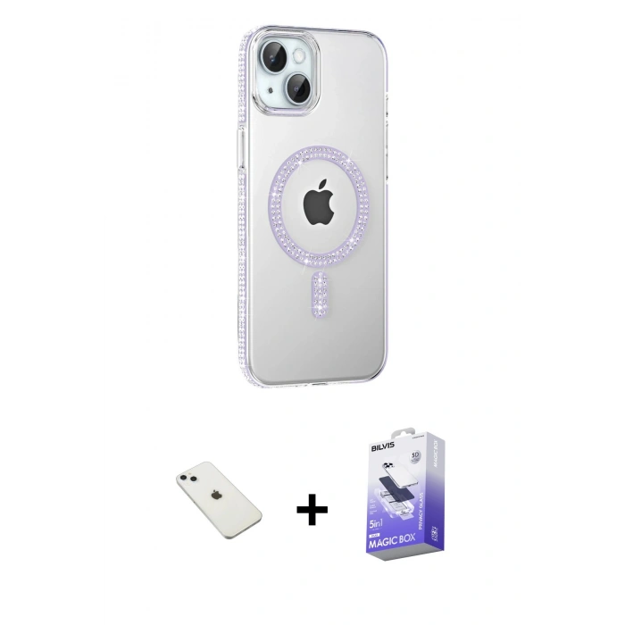 MARSİLYAN™- iPhone 14 Kılıf Yörünge Koleksiyonu - Siyah Bilvis 5in1 5D Magic Hayalet Cam Ekran Koruyucu + Diamond Kamera Lens - SABE