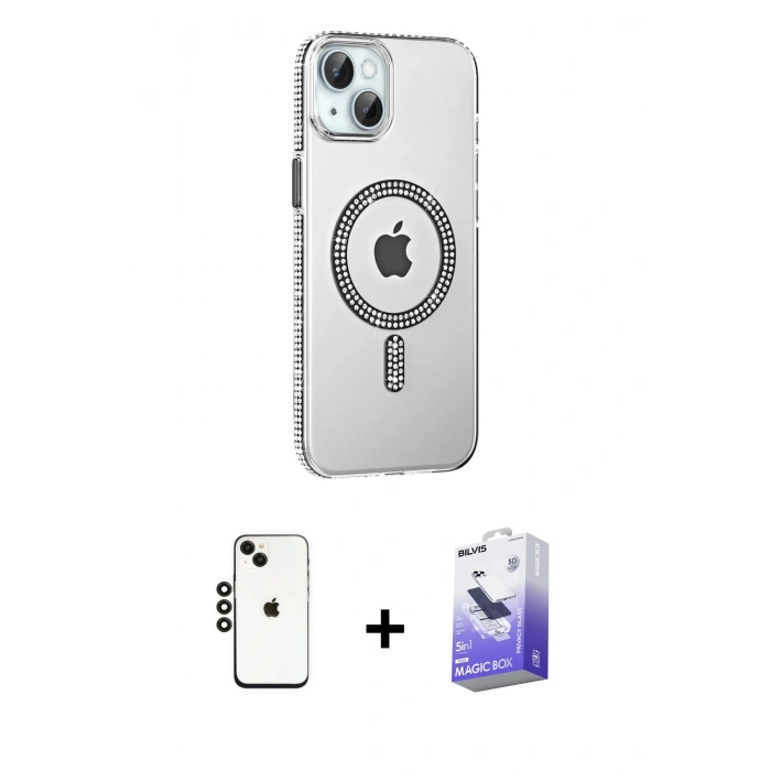 MARSİLYAN™- iPhone 14 Kılıf Yörünge Koleksiyonu - Siyah Bilvis 5in1 5D Magic Hayalet Cam Ekran Koruyucu + Shine Kamera Lens - SH