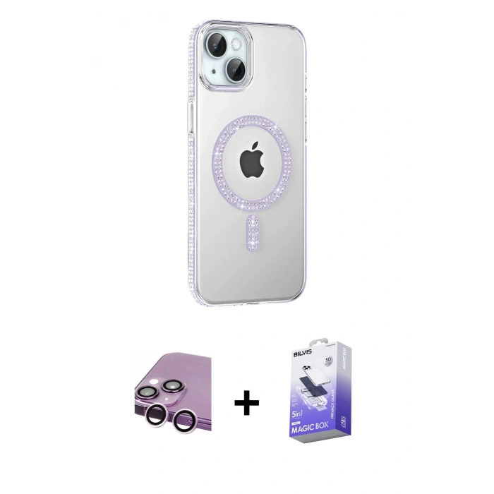 MARSİLYAN™- iPhone 14 Kılıf Yörünge Koleksiyonu - Siyah Bilvis 5in1 5D Magic Hayalet Cam Ekran Koruyucu + Raze Metal Kamera Lens - MR