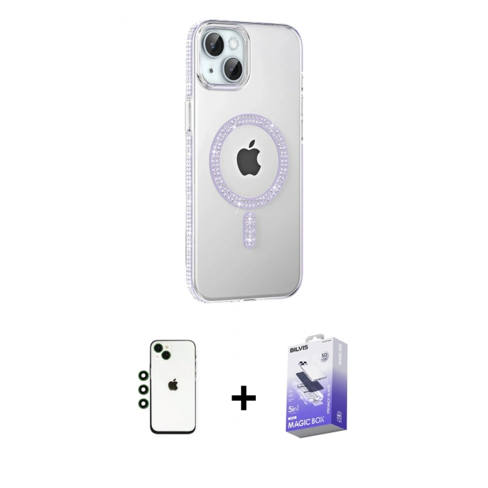 MARSİLYAN™- iPhone 14 Kılıf Yörünge Koleksiyonu - Siyah Bilvis 5in1 5D Magic Hayalet Cam Ekran Koruyucu + Shine Kamera Lens - YL