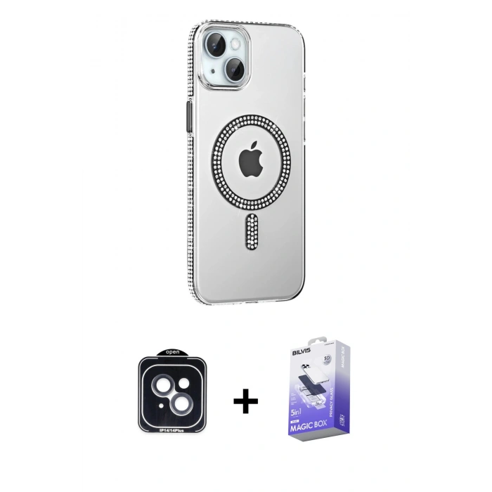 MARSİLYAN™- iPhone 14 Kılıf Yörünge Koleksiyonu - Siyah Bilvis 5in1 5D Magic Hayalet Cam Ekran Koruyucu + PVD Metal Kamera Lens - SH