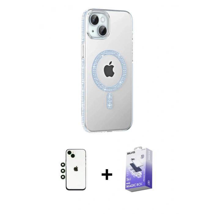 MARSİLYAN™- iPhone 14 Kılıf Yörünge Koleksiyonu - Siyah Bilvis 5in1 5D Magic Hayalet Cam Ekran Koruyucu + Shine Kamera Lens - YL