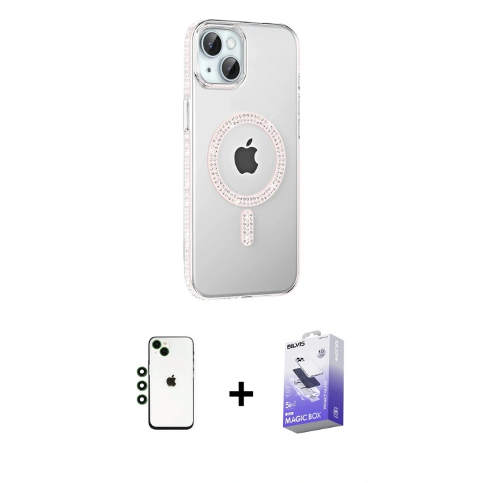 MARSİLYAN™- iPhone 14 Kılıf Yörünge Koleksiyonu - Siyah Bilvis 5in1 5D Magic Hayalet Cam Ekran Koruyucu + Shine Kamera Lens - YL
