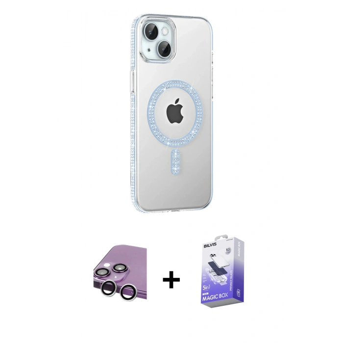 MARSİLYAN™- iPhone 14 Kılıf Yörünge Koleksiyonu - Siyah Bilvis 5in1 5D Magic Hayalet Cam Ekran Koruyucu + Raze Metal Kamera Lens - GS