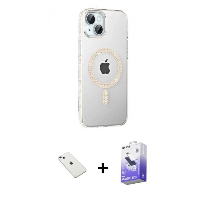 MARSİLYAN™- iPhone 14 Kılıf Yörünge Koleksiyonu - Siyah Bilvis 5in1 5D Magic Hayalet Cam Ekran Koruyucu + Diamond Kamera Lens - SABE