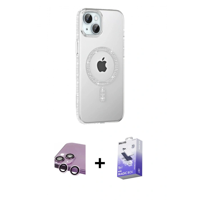 MARSİLYAN™- iPhone 14 Kılıf Yörünge Koleksiyonu - Siyah Bilvis 5in1 5D Magic Hayalet Cam Ekran Koruyucu + Raze Metal Kamera Lens - MR