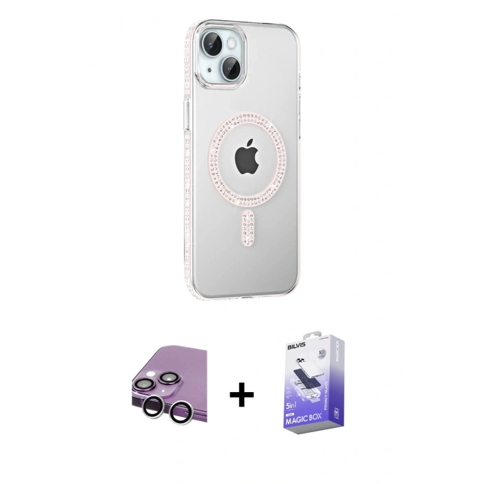 MARSİLYAN™- iPhone 14 Kılıf Yörünge Koleksiyonu - Siyah Bilvis 5in1 5D Magic Hayalet Cam Ekran Koruyucu + Raze Metal Kamera Lens - GS