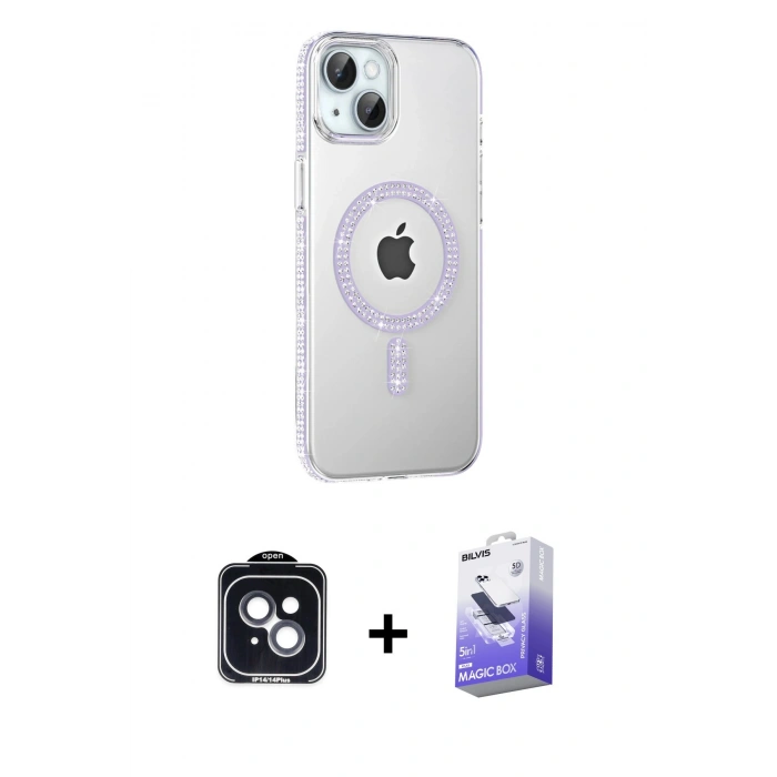 MARSİLYAN™- iPhone 14 Kılıf Yörünge Koleksiyonu - Siyah Bilvis 5in1 5D Magic Hayalet Cam Ekran Koruyucu + PVD Metal Kamera Lens - SH