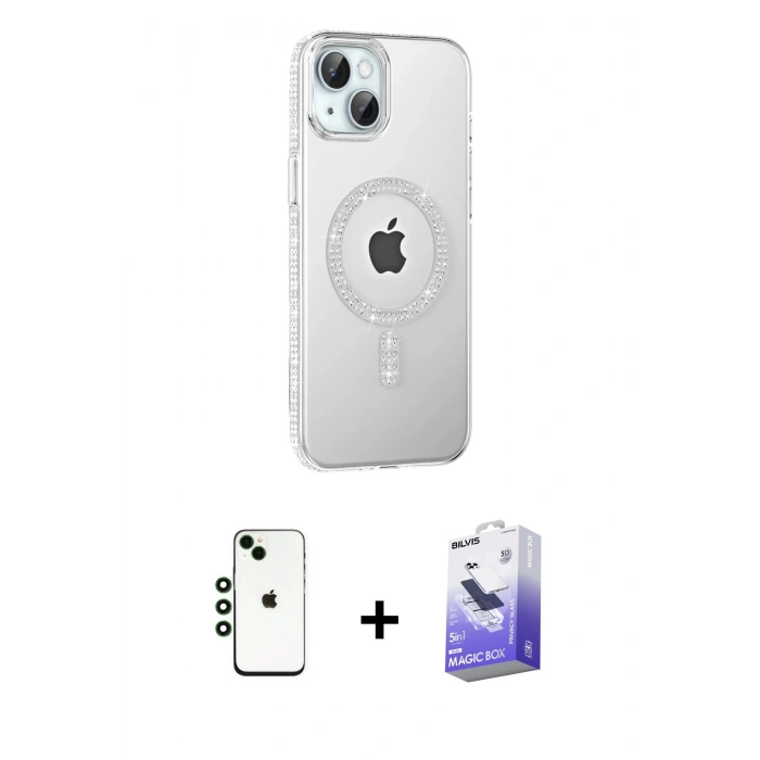 MARSİLYAN™- iPhone 14 Kılıf Yörünge Koleksiyonu - Siyah Bilvis 5in1 5D Magic Hayalet Cam Ekran Koruyucu + Shine Kamera Lens - YL