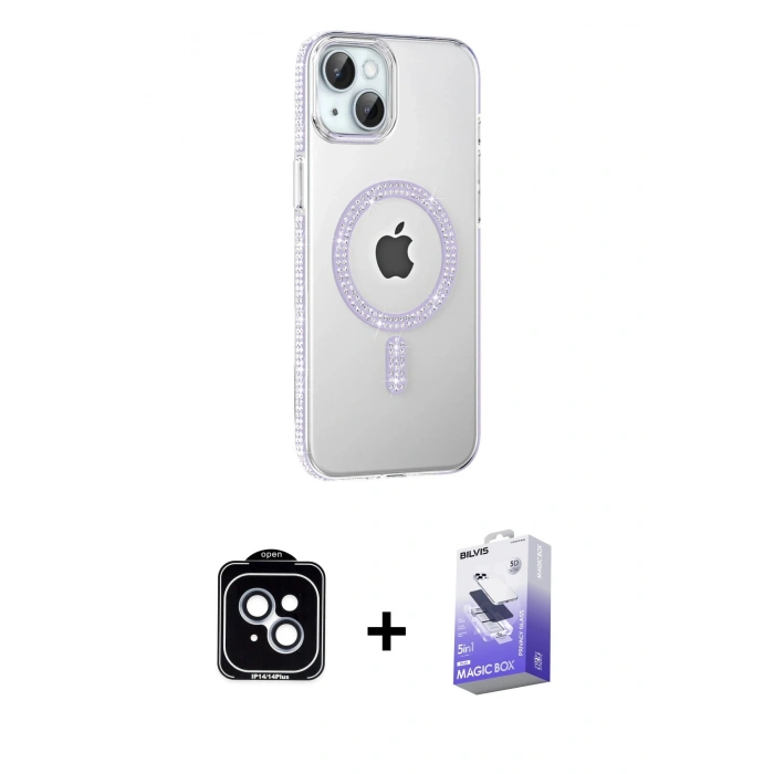 MARSİLYAN™- iPhone 14 Kılıf Yörünge Koleksiyonu - Siyah Bilvis 5in1 5D Magic Hayalet Cam Ekran Koruyucu + PVD Metal Kamera Lens - MI