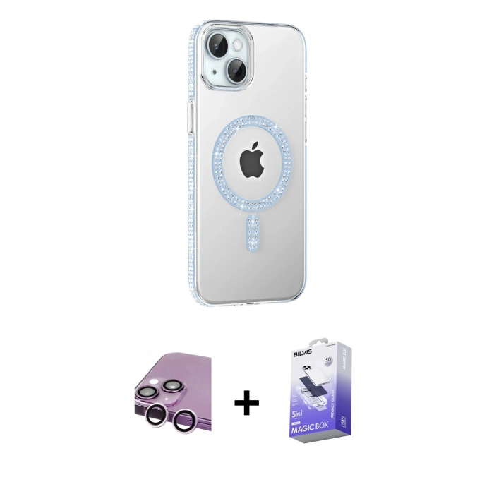 MARSİLYAN™- iPhone 14 Kılıf Yörünge Koleksiyonu - Siyah Bilvis 5in1 5D Magic Hayalet Cam Ekran Koruyucu + Raze Metal Kamera Lens - MR