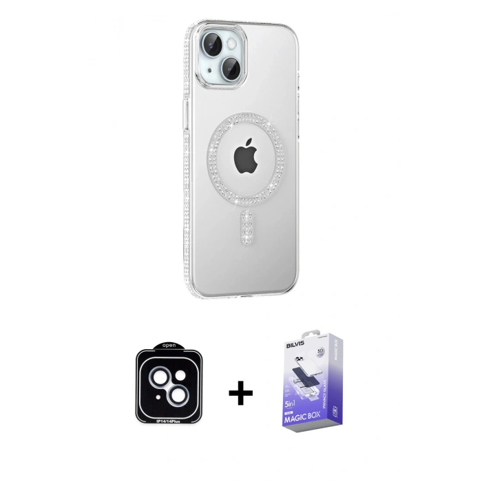 MARSİLYAN™- iPhone 14 Kılıf Yörünge Koleksiyonu - Siyah Bilvis 5in1 5D Magic Hayalet Cam Ekran Koruyucu + PVD Metal Kamera Lens - MI