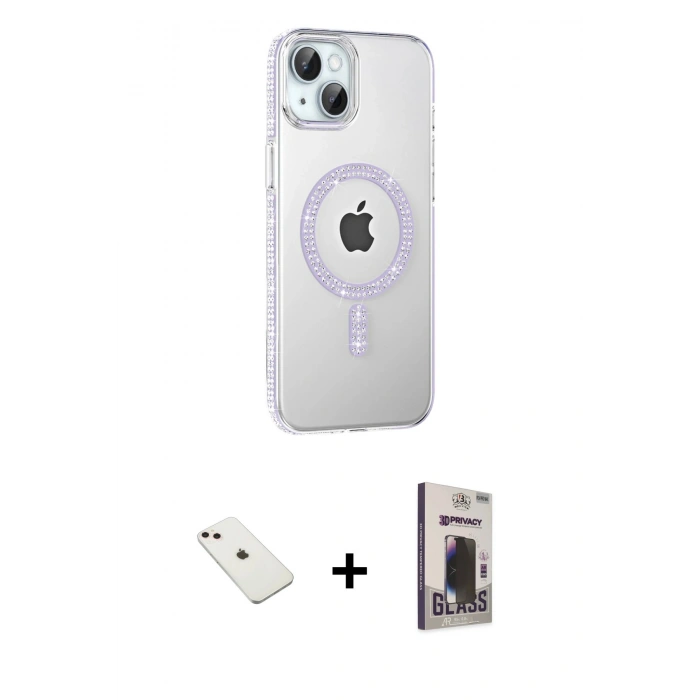 MARSİLYAN™- iPhone 14 Kılıf Yörünge Koleksiyonu - Siyah Bilvis Hayalet Cam Ekran Koruyucu + Diamond Kamera Lens - PE