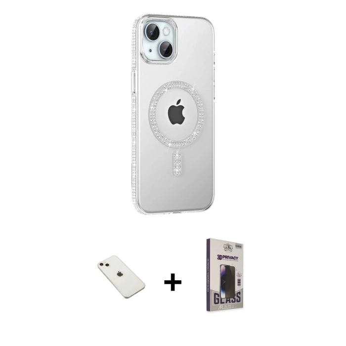 MARSİLYAN™- iPhone 14 Kılıf Yörünge Koleksiyonu - Siyah Bilvis Hayalet Cam Ekran Koruyucu + Diamond Kamera Lens - PE