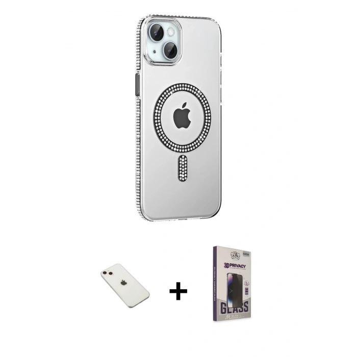 MARSİLYAN™- iPhone 14 Kılıf Yörünge Koleksiyonu - Siyah Bilvis Hayalet Cam Ekran Koruyucu + Diamond Kamera Lens - PE