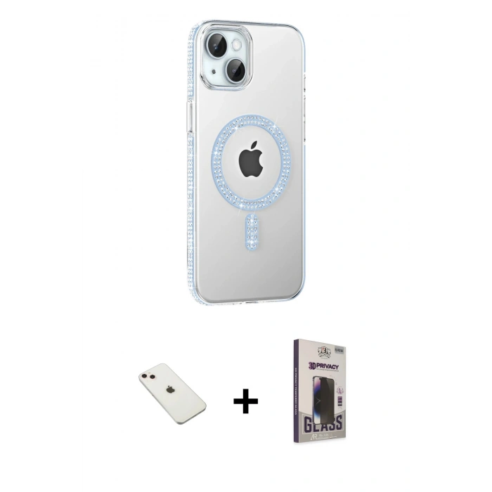 MARSİLYAN™- iPhone 14 Kılıf Yörünge Koleksiyonu - Siyah Bilvis Hayalet Cam Ekran Koruyucu + Diamond Kamera Lens - PE