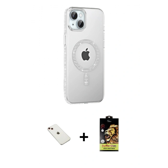 MARSİLYAN™- iPhone 14 Kılıf Yörünge Koleksiyonu - Siyah Buffer Cam Ekran Koruyucu + Diamond Kamera Lens - KI