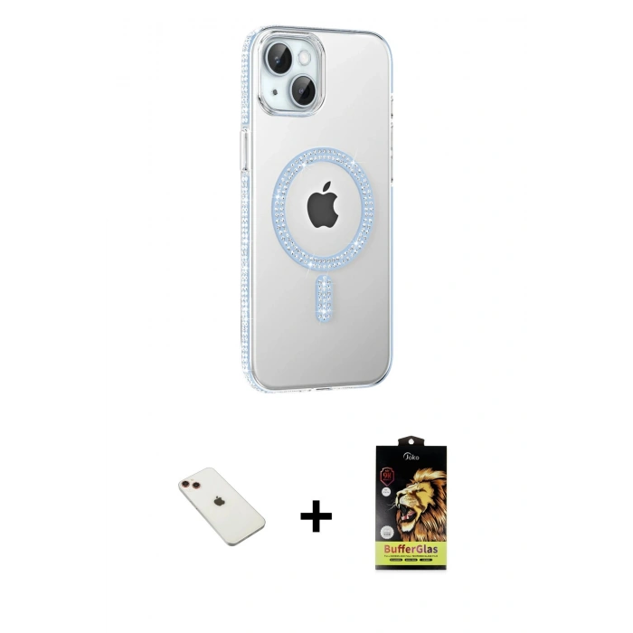 MARSİLYAN™- iPhone 14 Kılıf Yörünge Koleksiyonu - Siyah Buffer Cam Ekran Koruyucu + Diamond Kamera Lens - KI
